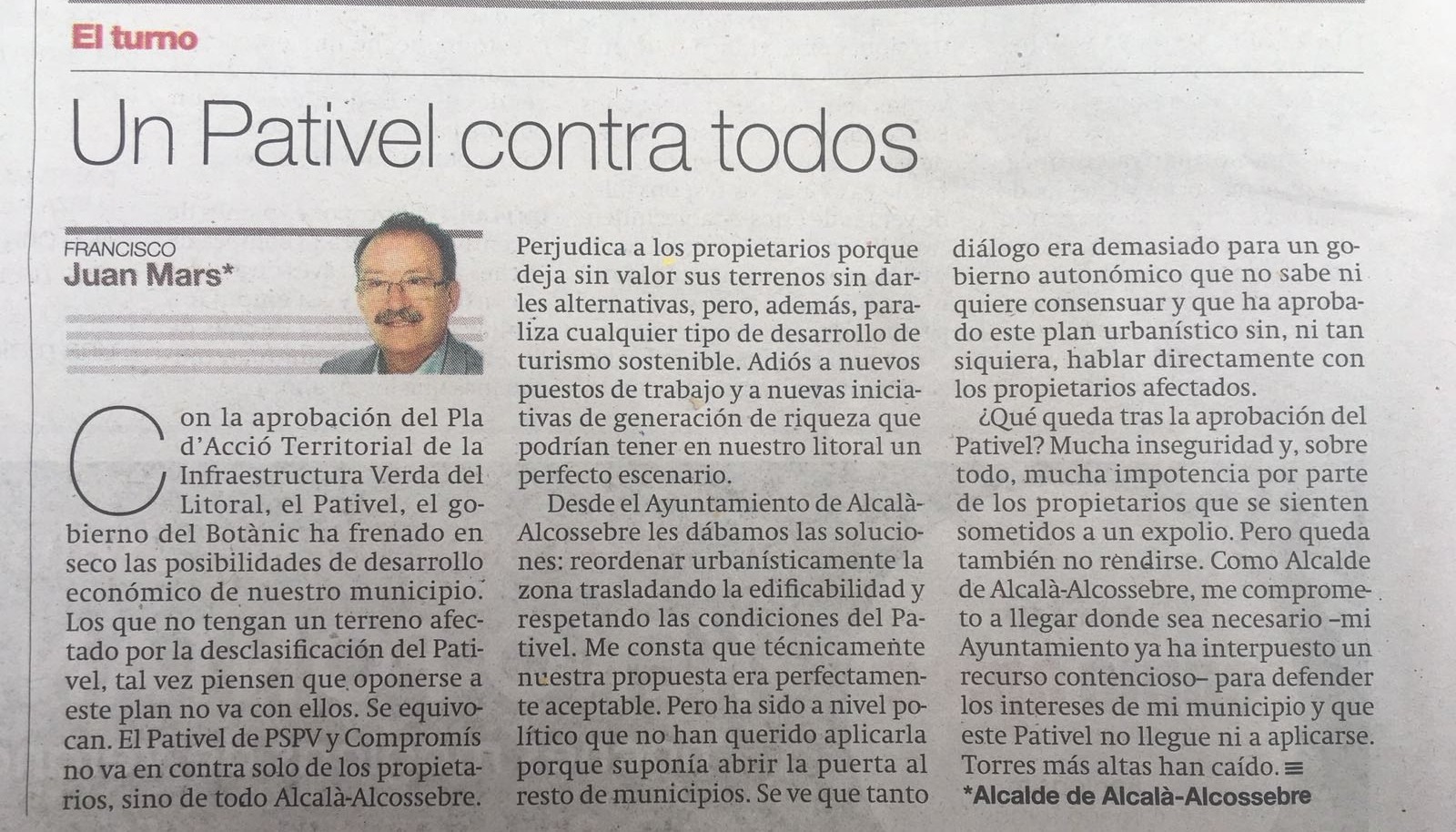 Artículo escrito por el alcalde de Alcalà-Alcossebre Juan Mars en el Periódico Mediterráneo del 13 de julio de 2018